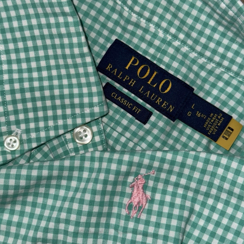Polo Ralph Lauren Performance Long Sleeve Button Down Men's L Green White Check